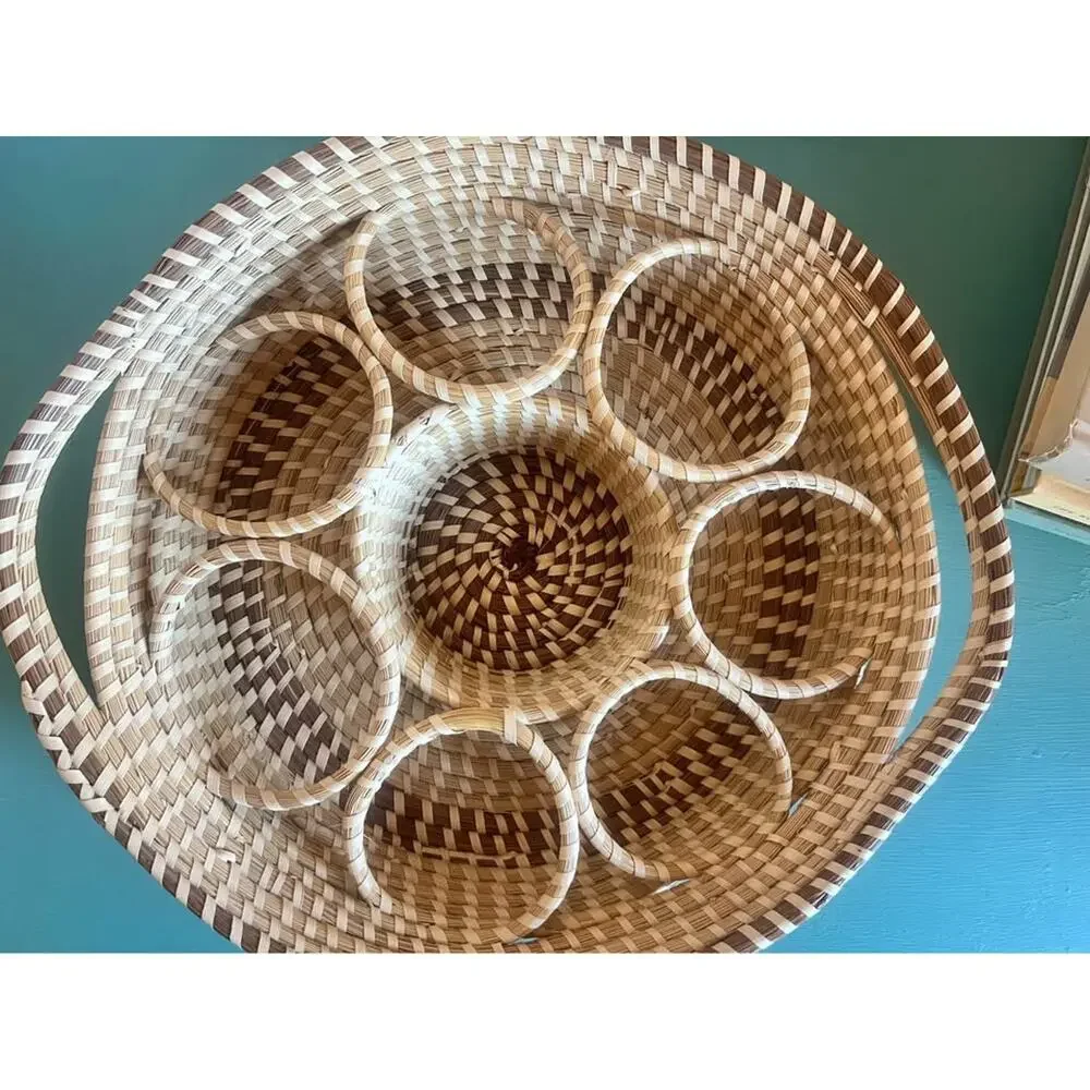 Handwoven Divided Basket Serving Tray | Fruit & Snack Caddy | 15” Diameter